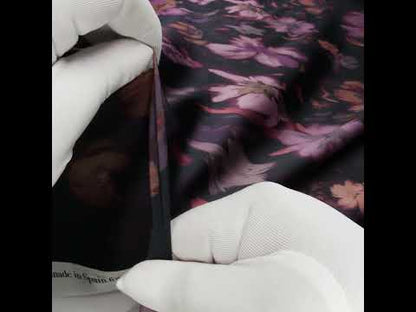 Polyester Satin - Aubergine, Lilac and Taupe Painted Flowers - Mood Exclusive Petal Veil Print