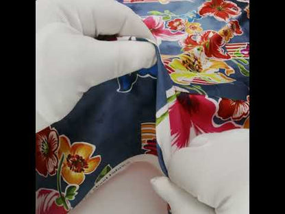Polyester Satin - Navy Blue, Red and Pink Flowers and Striped Blocks - Mood Exclusive Linear Bloom Print