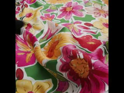 Polyester Satin - Green, Pink and Yellow Flower Sketches - Mood Exclusive Brushlight Blossoms Print