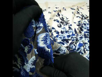 Royal Blue and Sea Foam Novelty Floral Embroidered Mesh