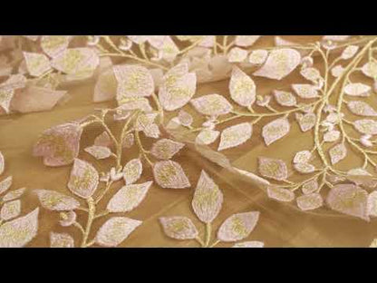 Pink and Metallic Gold Floral Novelty Embroidered Mesh
