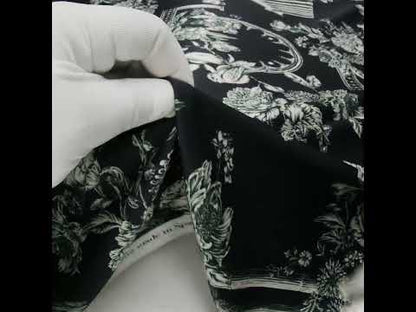 Polyester Satin - White on Black Flowers and Columns - Mood Exclusive Petal Pillars Print