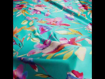 Silk Charmeuse Print 16MM, Made in Italy - Turquoise, Pink and Multicolor Illustrated Watercolor Flowers