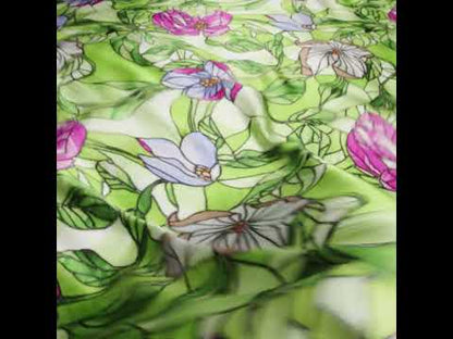 Silk Charmeuse Print 16MM, Made in Italy - Grass Green, Hot Pink and Lavender Stained Glass Flower Garden