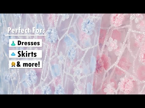 3D Puffy Glitter Tulle - Baby Blue and White Flowers and Geometric Stems - Image 6 of 6
