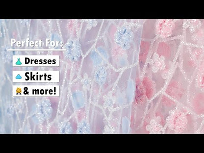 3D Puffy Glitter Tulle - Baby Blue and White Flowers and Geometric Stems