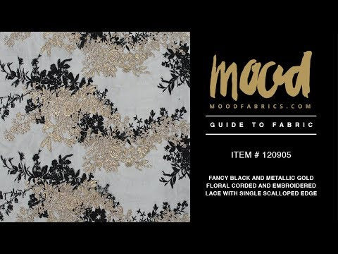 Corded and Embroidered Lace with Single Scalloped Edge - Black and Metallic Gold Floral - Image 5 of 5