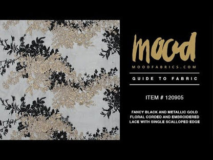 Corded and Embroidered Lace with Single Scalloped Edge - Black and Metallic Gold Floral