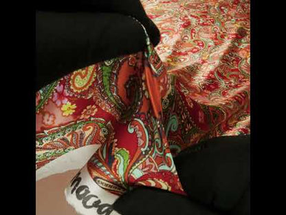 Silk Charmeuse Print 16MM, Made in Italy - Red, Orange and Green Fancy Paisley