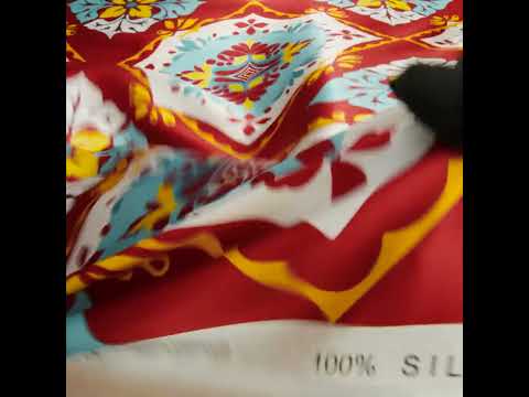 Silk Charmeuse Print 16MM, Made in Italy - Turquoise, Rust Red and Golden Yellow Fancy Floral Tiles - Image 6 of 6