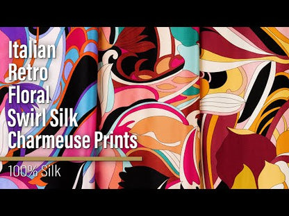 Silk Charmeuse Print - Periwinkle, Orange and Fuchsia Retro Floral Swirl - Made in Italy