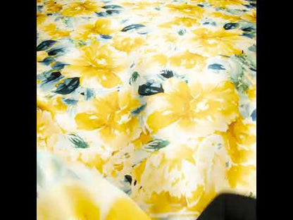 Silk Charmeuse Print 16MM, Made in Italy - Yellow and Dark Teal Watercolor Flower Garden