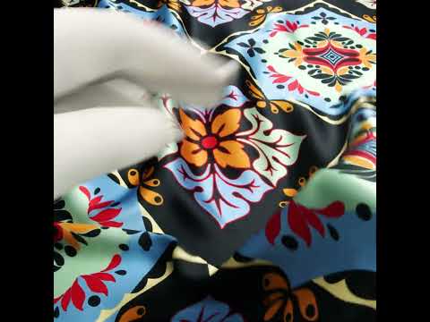 Silk Charmeuse Print 16MM, Made in Italy - Midnight Navy, Mint and Country Blue Fancy Floral Tiles - Image 5 of 5