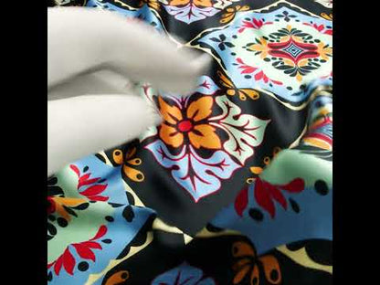 Silk Charmeuse Print 16MM, Made in Italy - Midnight Navy, Mint and Country Blue Fancy Floral Tiles