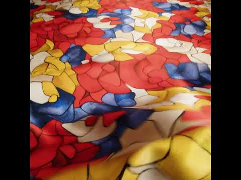 Silk Charmeuse Print 16MM, Made in Italy - Red, Golden Yellow and Dark Blue Stained Glass Roses - Image 5 of 5
