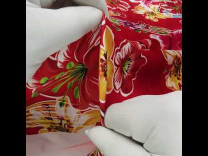 Polyester Satin - Red, Yellow and Blue Flowers and Striped Blocks - Mood Exclusive Linear Bloom Print