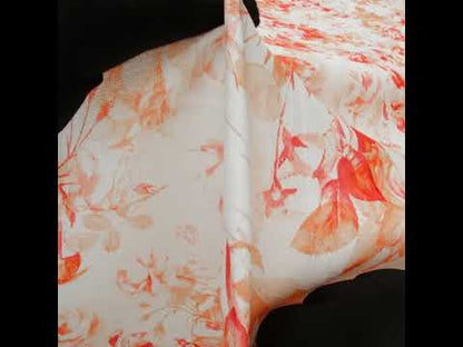 Medium Weight Linen Woven Print - Orange and Red on White Airy Leaves