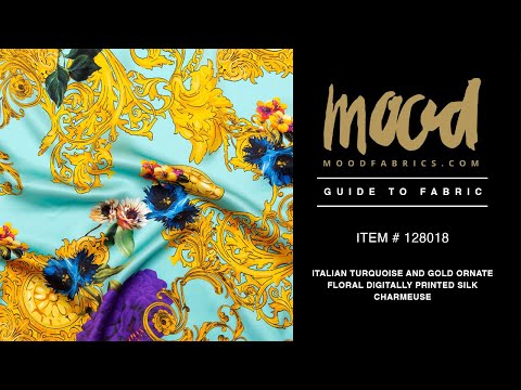 Mood Exclusive Italian Turquoise and Gold Ornate Floral Digitally Printed Silk Charmeuse - Image 5 of 5