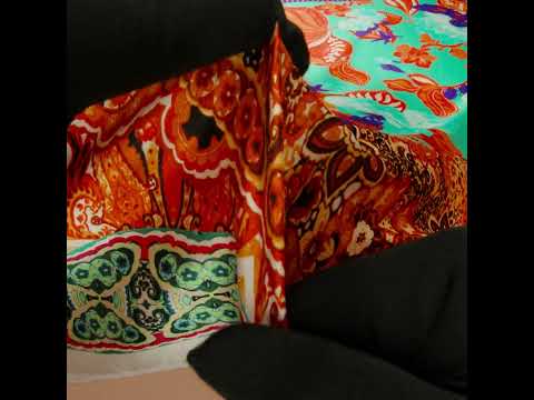 Silk Charmeuse Print 16MM, Made in Italy - Orange, Dark Mint and Purple Floral and Abstract Stripes - Image 5 of 5