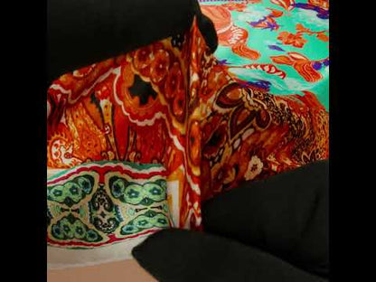 Silk Charmeuse Print 16MM, Made in Italy - Orange, Dark Mint and Purple Floral and Abstract Stripes