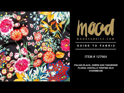Mood Exclusive Italian Black, Green and Tangerine Floral Digitally Printed Silk Charmeuse