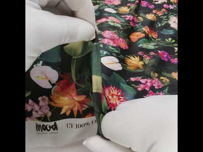Rayon Challis - Black, Green and Orange Rainforest Flowers - Mood Exclusive Rainforest Reverie Print