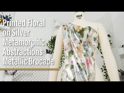 Printed Metallic Brocade - Pink, Blue and Green Floral on Silver Metamorphic Abstractions