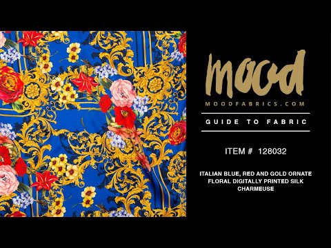 Mood Exclusive Italian Blue, Red and Gold Ornate Floral Digitally Printed Silk Charmeuse - Image 5 of 5