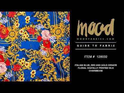 Mood Exclusive Italian Blue, Red and Gold Ornate Floral Digitally Printed Silk Charmeuse