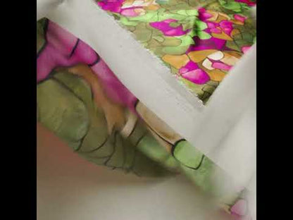 Silk Charmeuse Print 16MM, Made in Italy - Olive Green, Tan and Bright Pink Stained Glass Roses