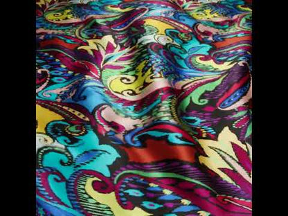 Silk Charmeuse Print 16MM, Made in Italy - Black, Turquoise and Berry Red Painterly Ikat Paisley