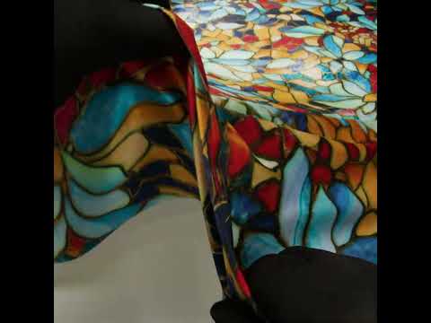 Silk Charmeuse Print 16MM, Made in Italy - Sky Blue, Golden Yellow and Red Stained Glass Flower Mosaic - Image 6 of 6