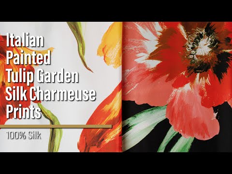 Silk Charmeuse Print 16MM, Made in Italy - Golden Orange, Green and White Painted Tulip Garden - Image 6 of 6